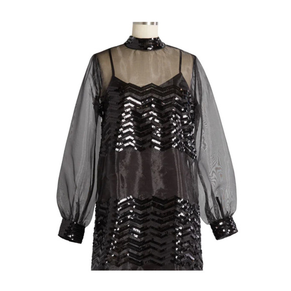 ModCloth Black Fanciful Fette Shift Sequin Overlay Dress Women's Small - Picture 10 of 10